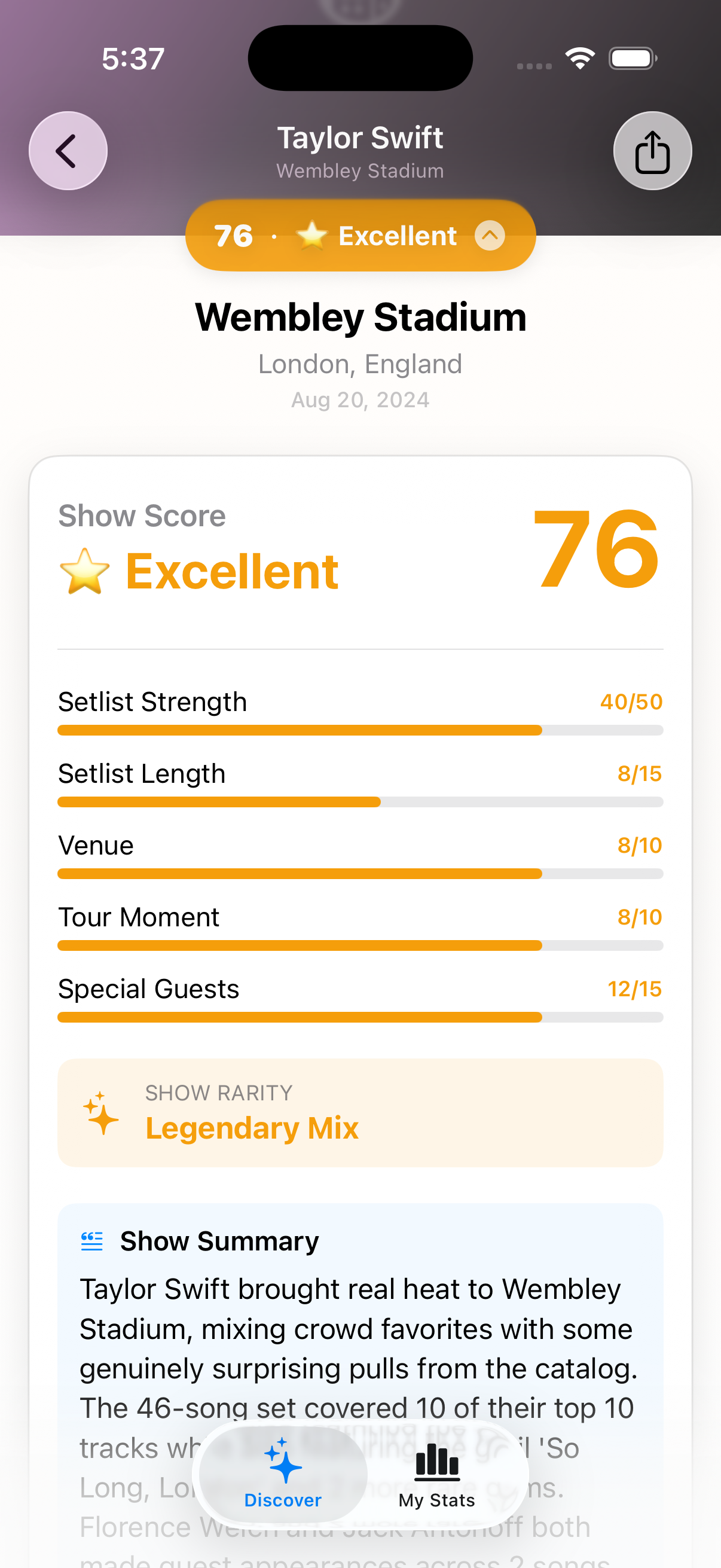 At The Show concert app showing a 0-100 show score breakdown