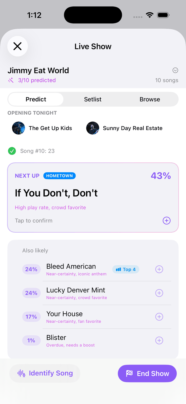 Live Show screen for a Jimmy Eat World concert. The Predict tab shows 'If You Don't, Don't' as next up at 43 percent, with Bleed American, Lucky Denver Mint and Your House listed as also likely, and Identify Song and End Show buttons at the bottom.